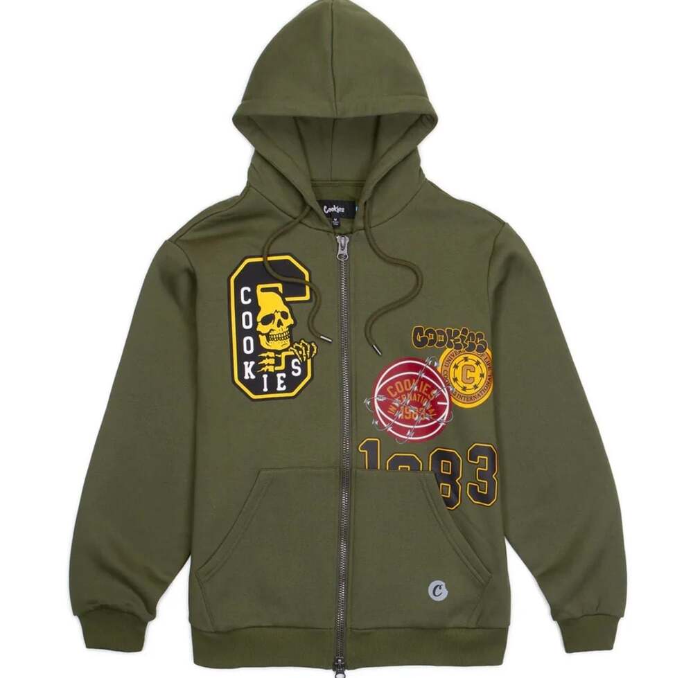Cookies Livewire Full Zip Hoodie With Heat Transfer And Puff Print Detail Olive